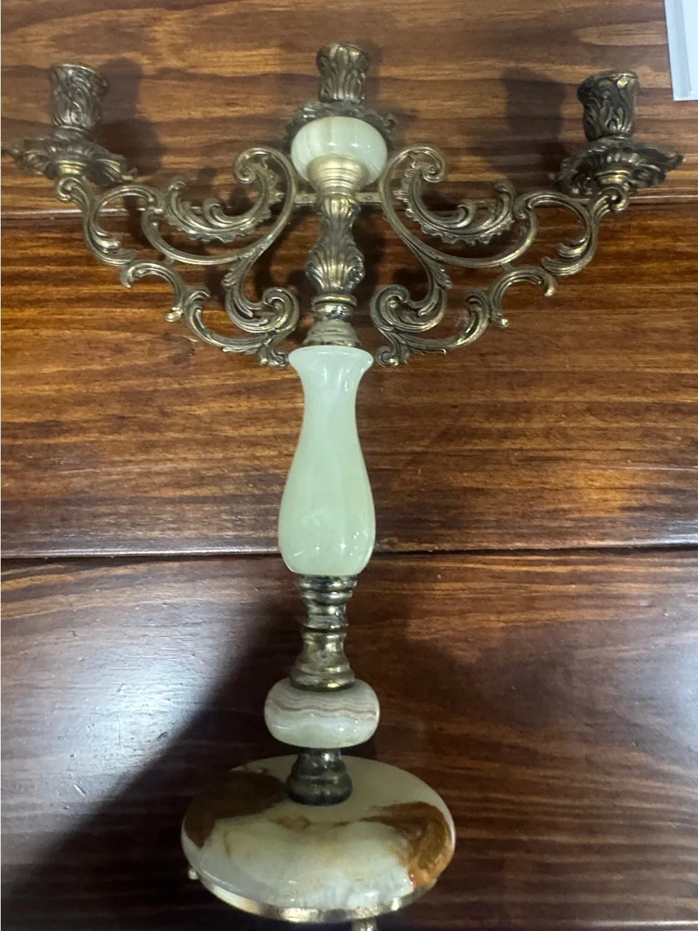 Antique Brass and Cream Marble 3-Arm Candelabra